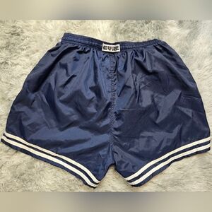 Vintage Cyrk Men's Navy Running Athletic Shorts with White Stripe Trim Large